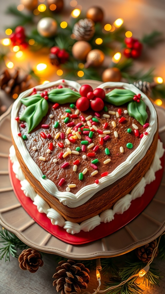 A heart-shaped Christmas cake decorated with icing and festive sprinkles, surrounded by holiday decorations.